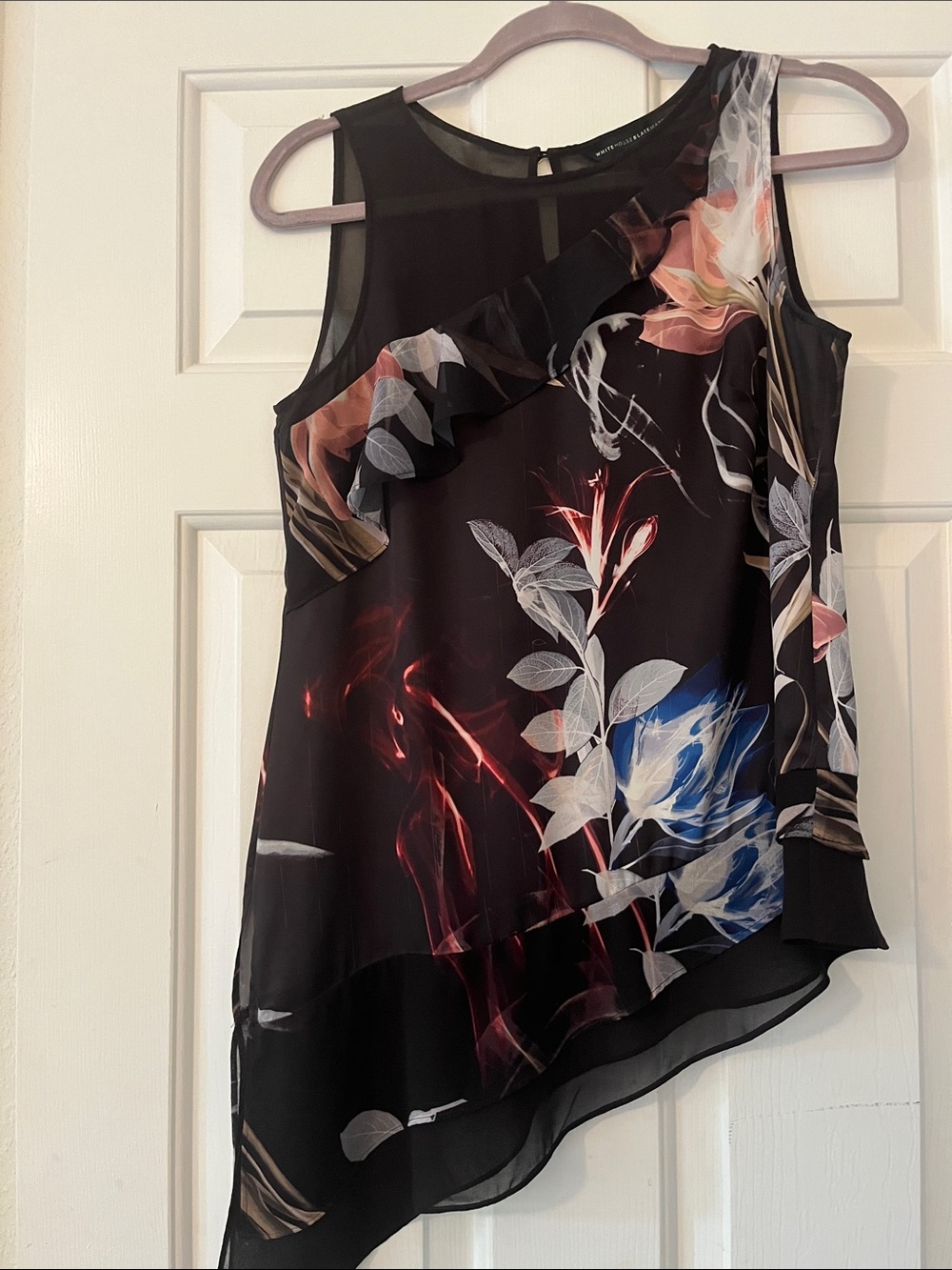 White House Black Market Black Floral Ruffle asymmetrical hem sleeveless blouse
